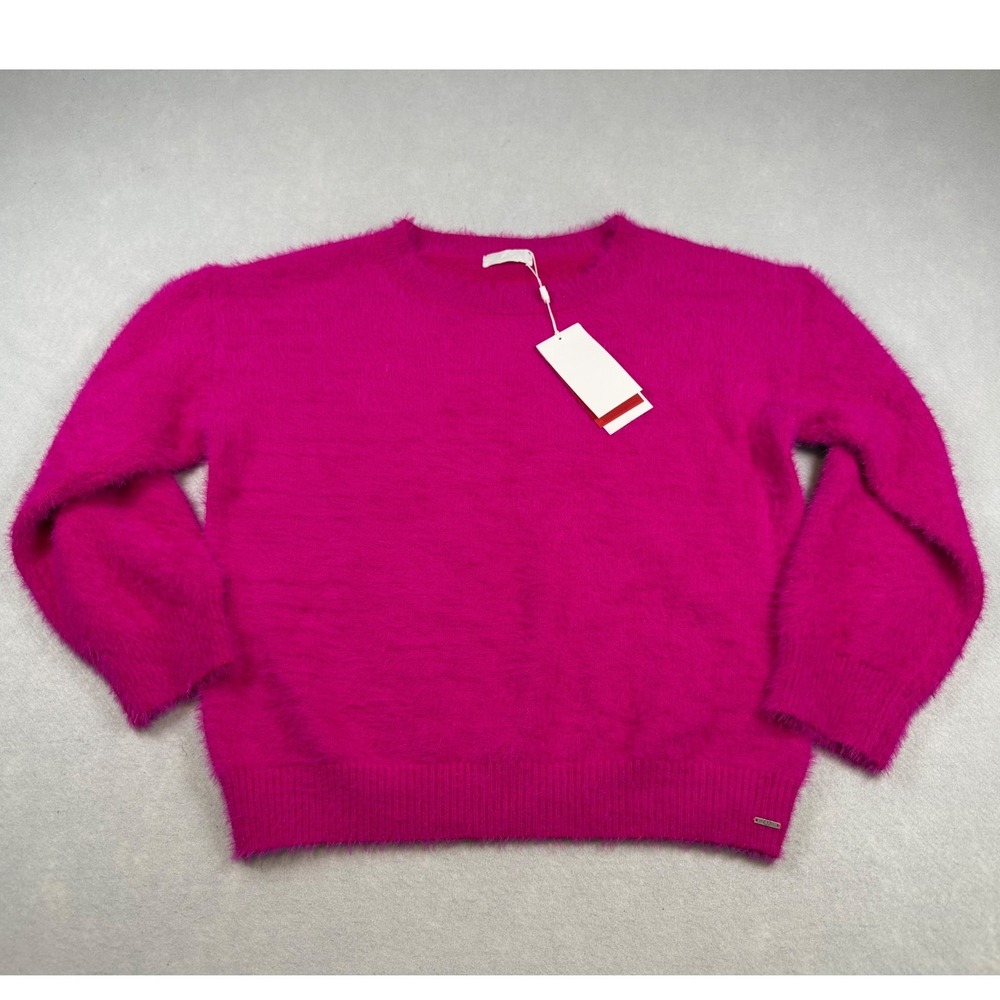 Q2 Womens Fuzzy Knit Crewneck Sweater Magenta Pink Eyelash Long Sleeve Size S